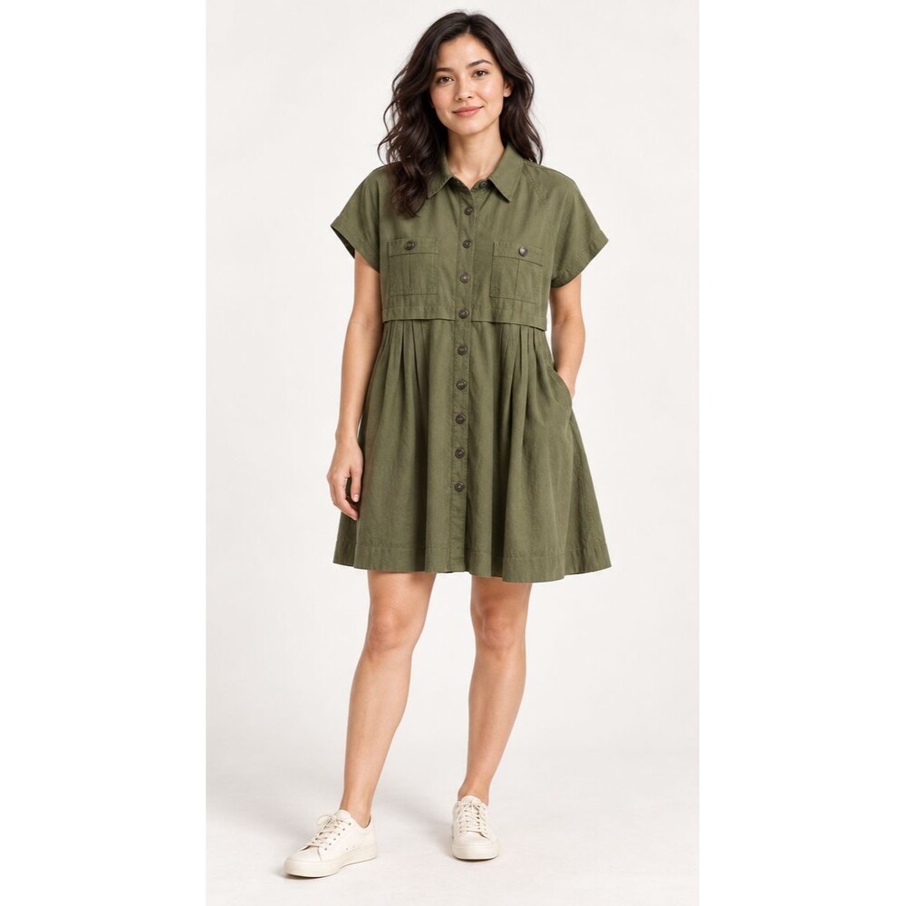 Free People XS Olive Green Utility Shirt Dress Cotton Button Front Pockets